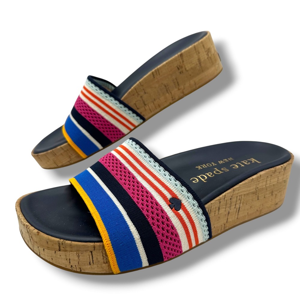 Kate Spade Breeze Multi Color Striped Cork Platform Wedge Slides Size 9B